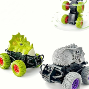 MonsterTruck Spielzeug, 2 Stück Push & Go Spielzeugauto Set mit Trägheitsantrieb, 360° Rotierend, Pop-up-Effekt, Dinosaurier Kinderspielzeug Geschenk für Jungen Mädchen ab 3 Jahre (Grün Grau)